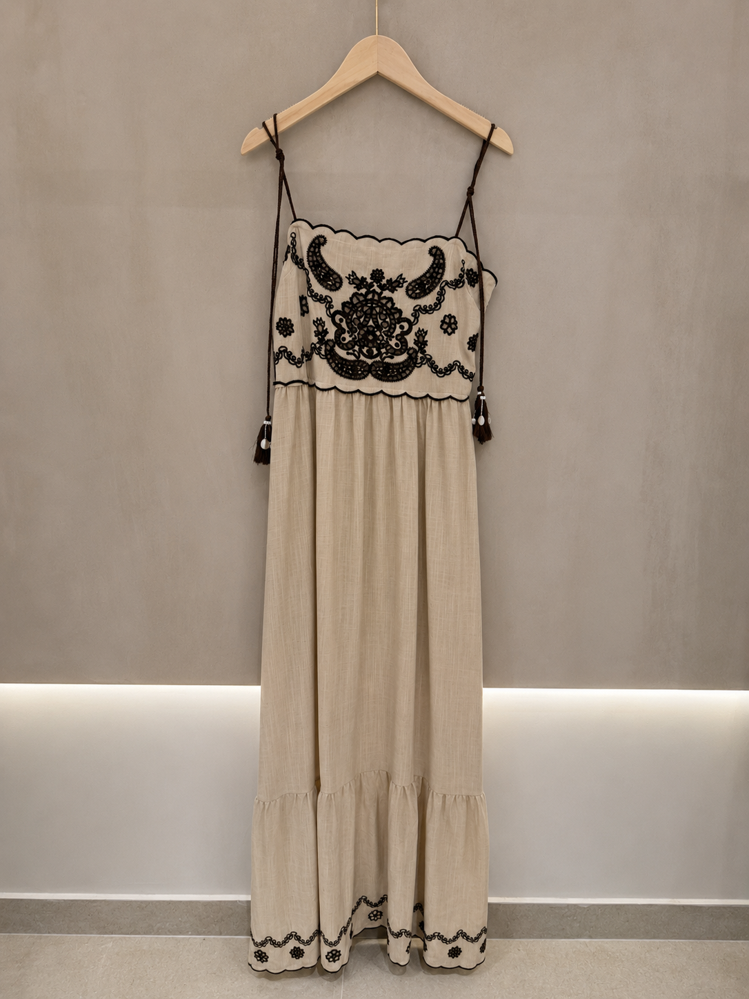 Ivy beige linen embroidered long summer dress