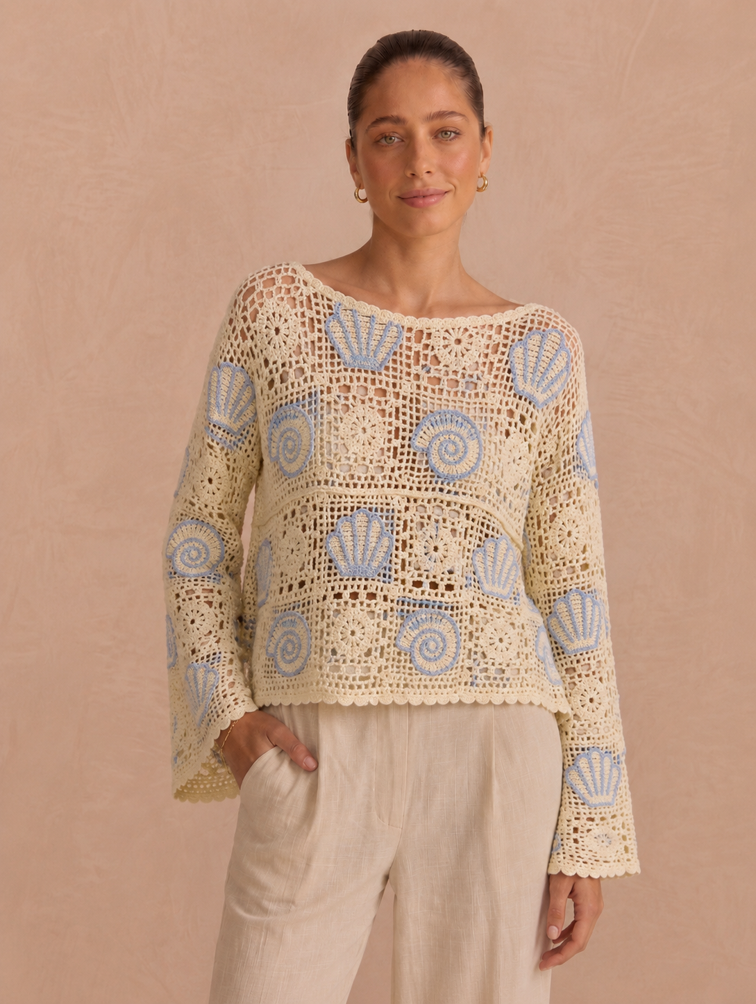 Seashells blue ecru crochet jumper