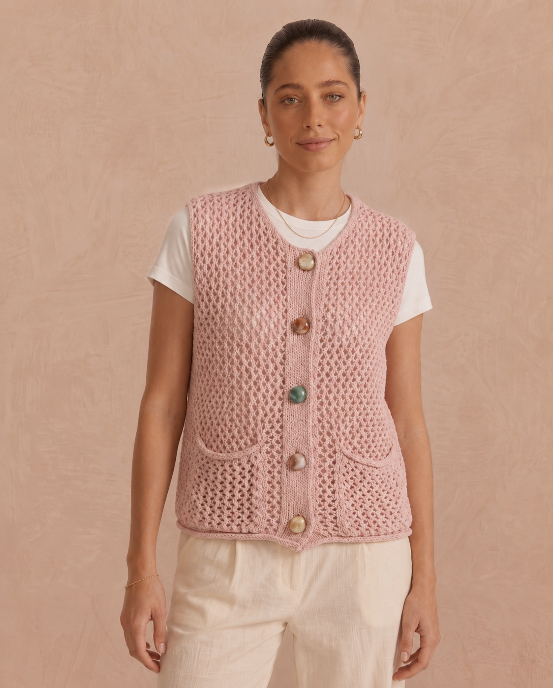 Kendall pink crochet sleeveless cardigan
