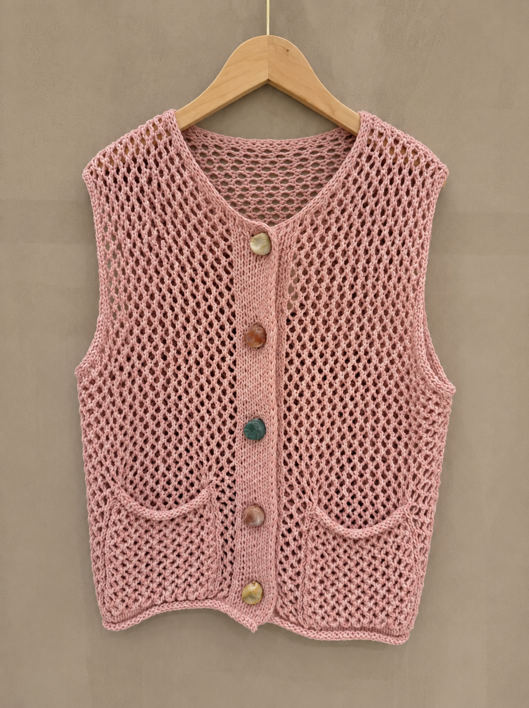 Kendall pink crochet sleeveless cardigan