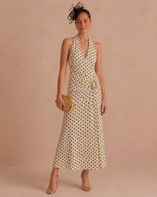Tara white polka dot halter neck dress