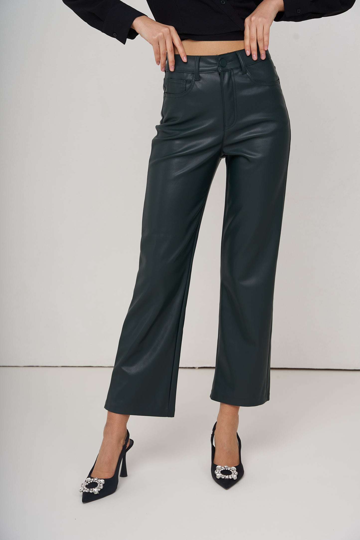 Wide leg dark green leather trousers