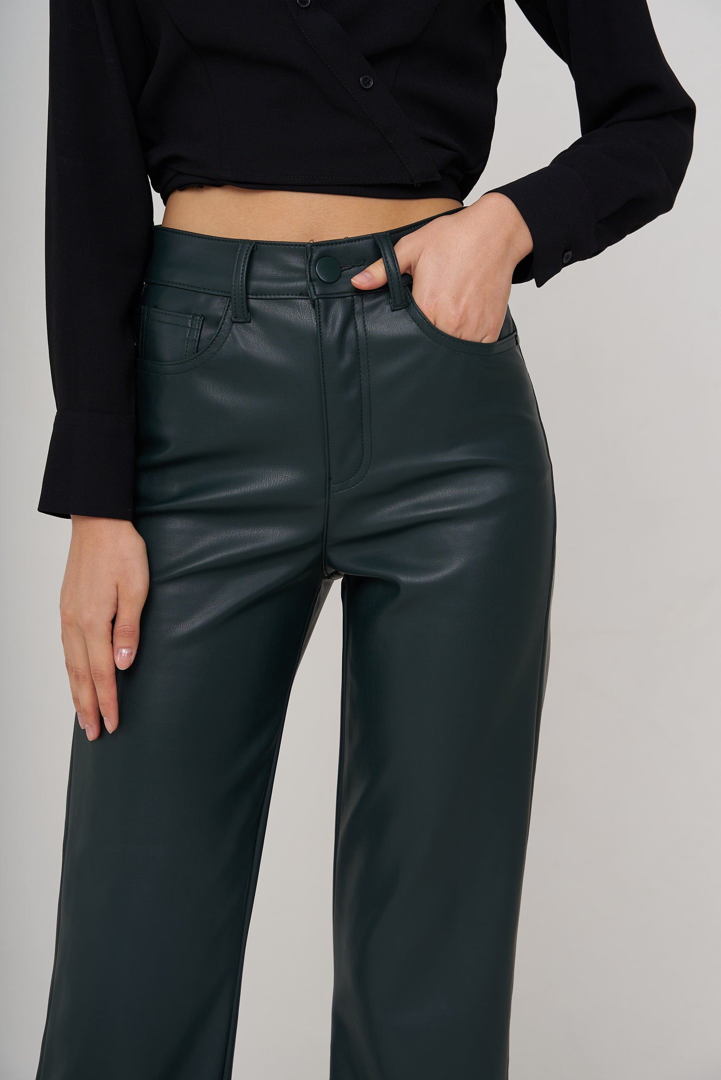 Wide leg dark green leather trousers