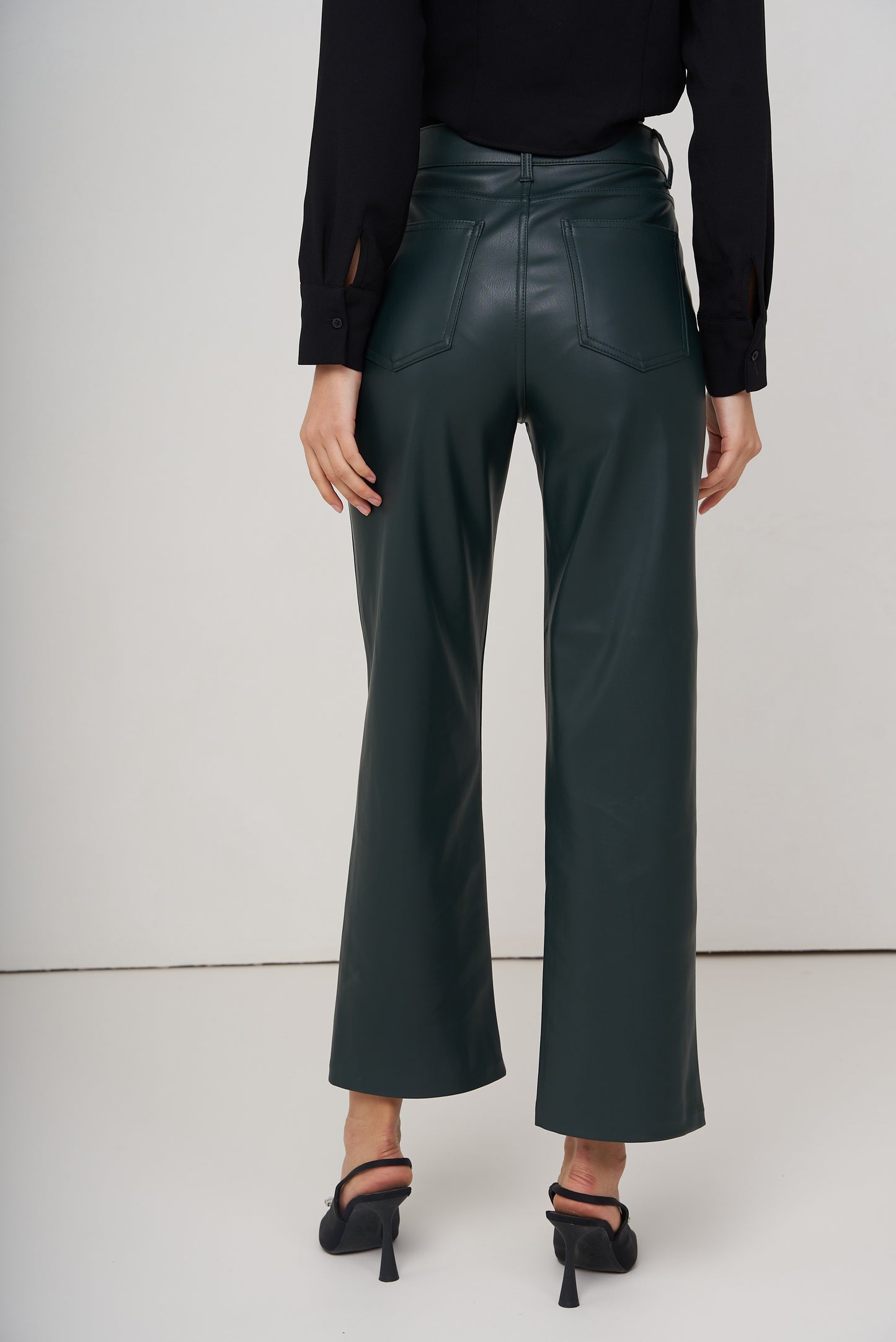 Wide leg dark green leather trousers