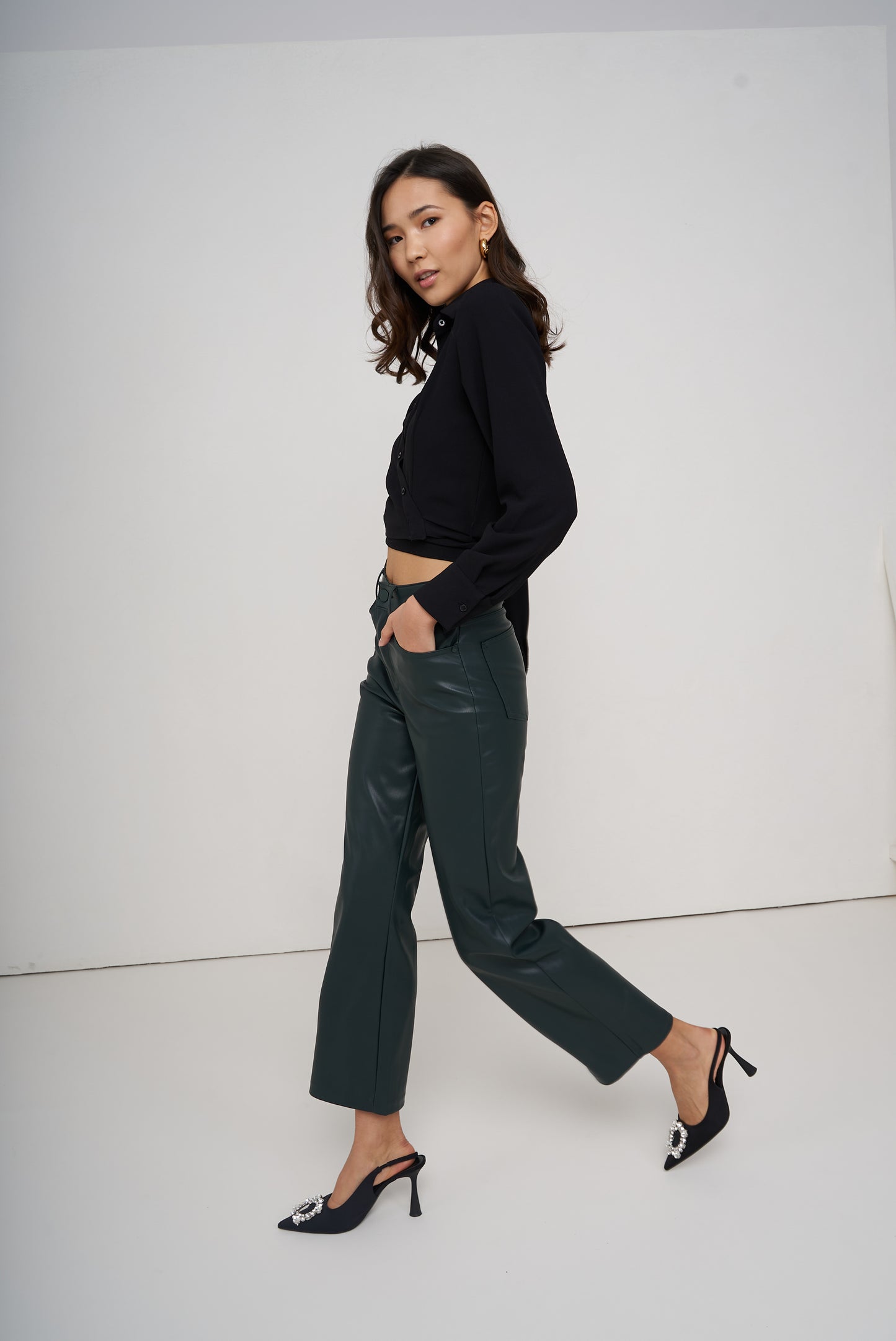 Wide leg dark green leather trousers