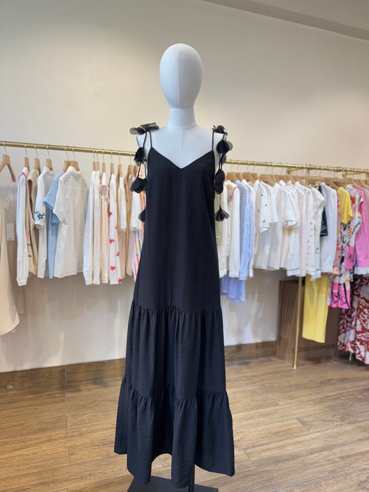 Ella black decorative floral strap dress