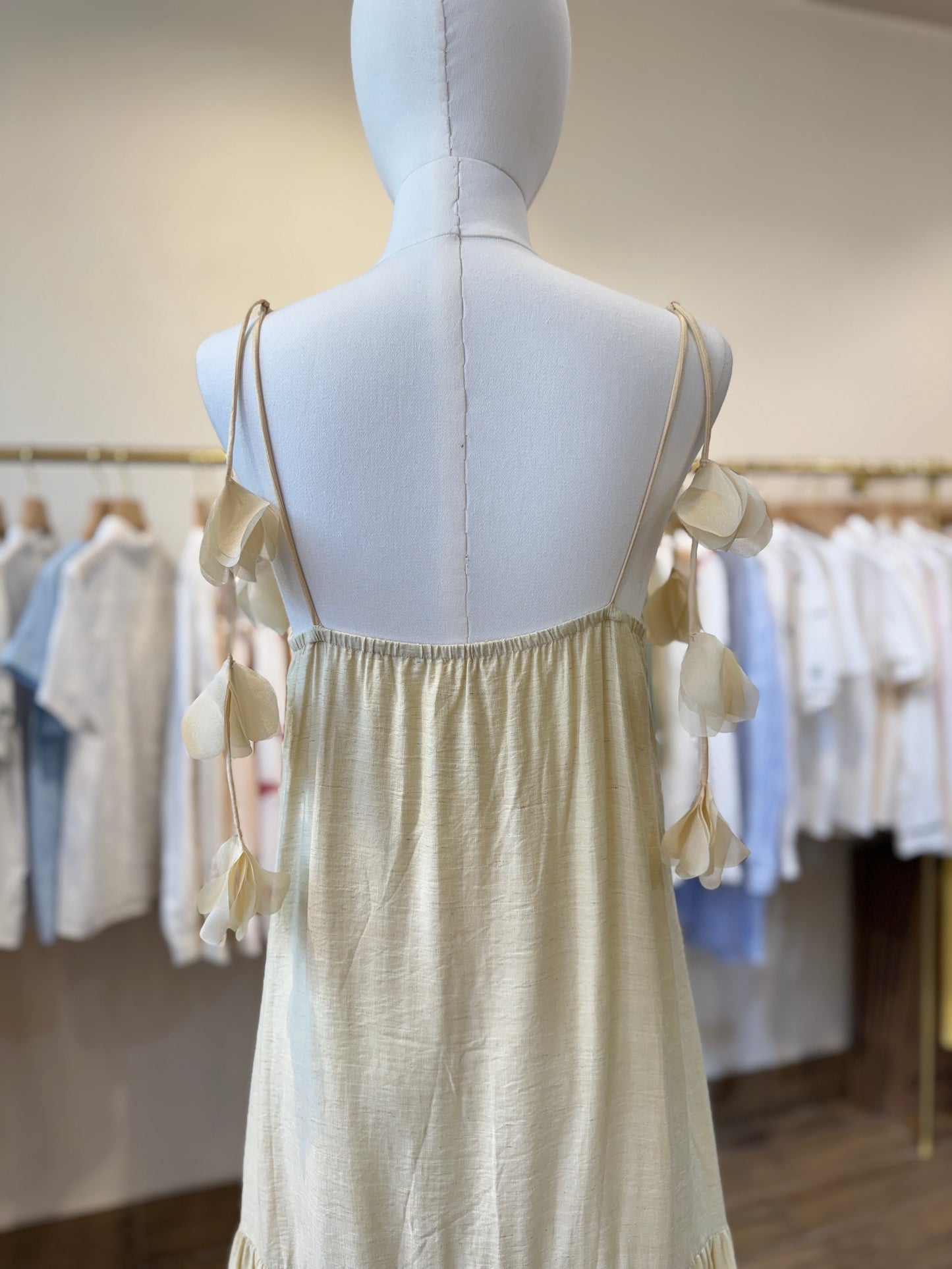 Ella butter yellow decorative floral strap dress