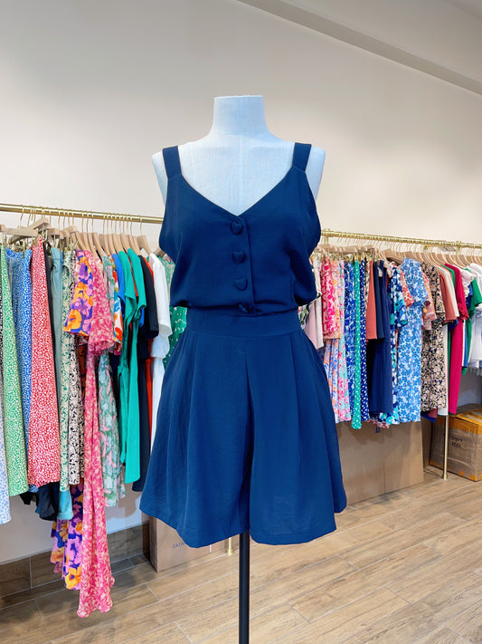 Martine navy play suit with heart buttons