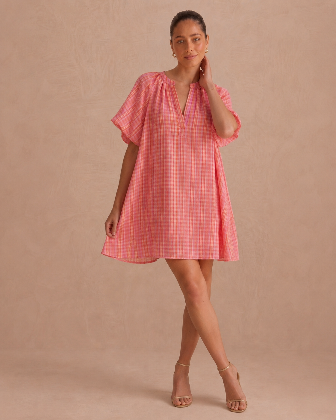 Jessie orange & pink gingham balloon sleeve dress