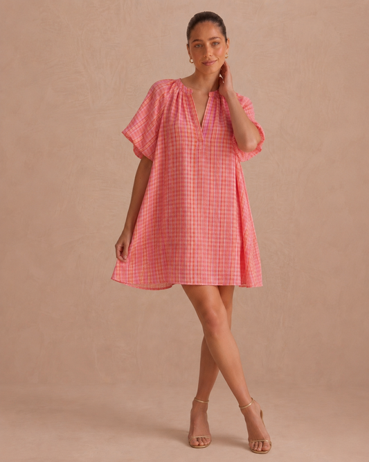Jessie orange & pink gingham balloon sleeve dress