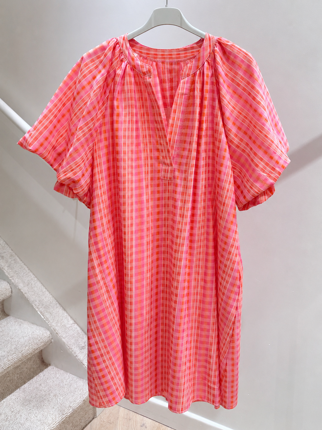 Jessie orange & pink gingham balloon sleeve dress