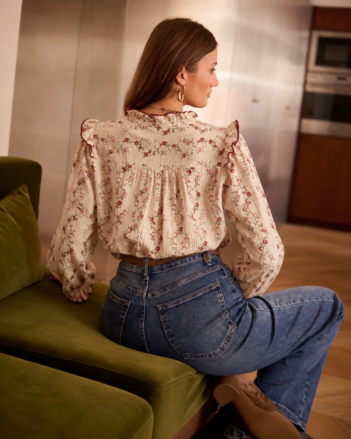 Cleo burgundy trim floral blouse