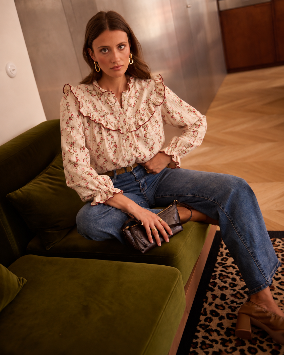 Cleo burgundy trim floral blouse