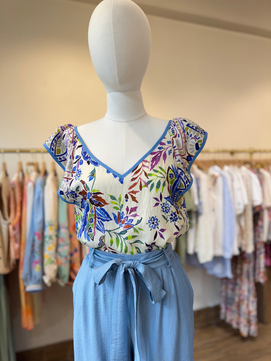 Eden blue trimmed collar floral blouse