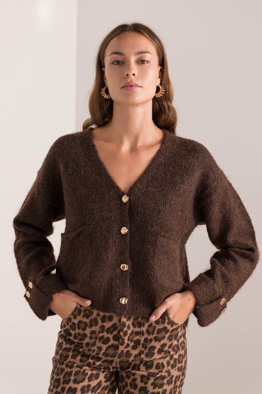 Isla chocolate brown gold button cardigan