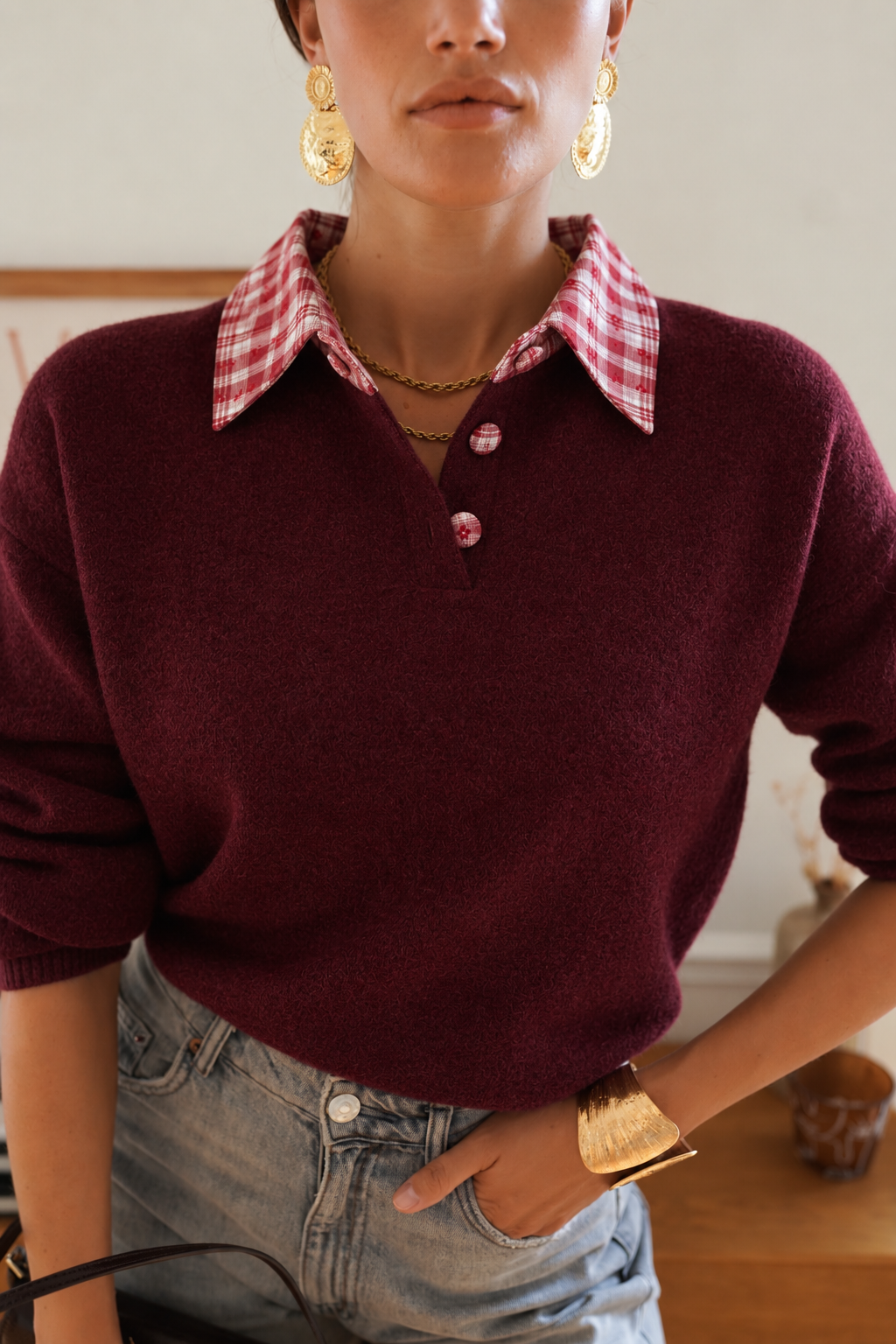 Emily burgundy jumper with shirt collar
