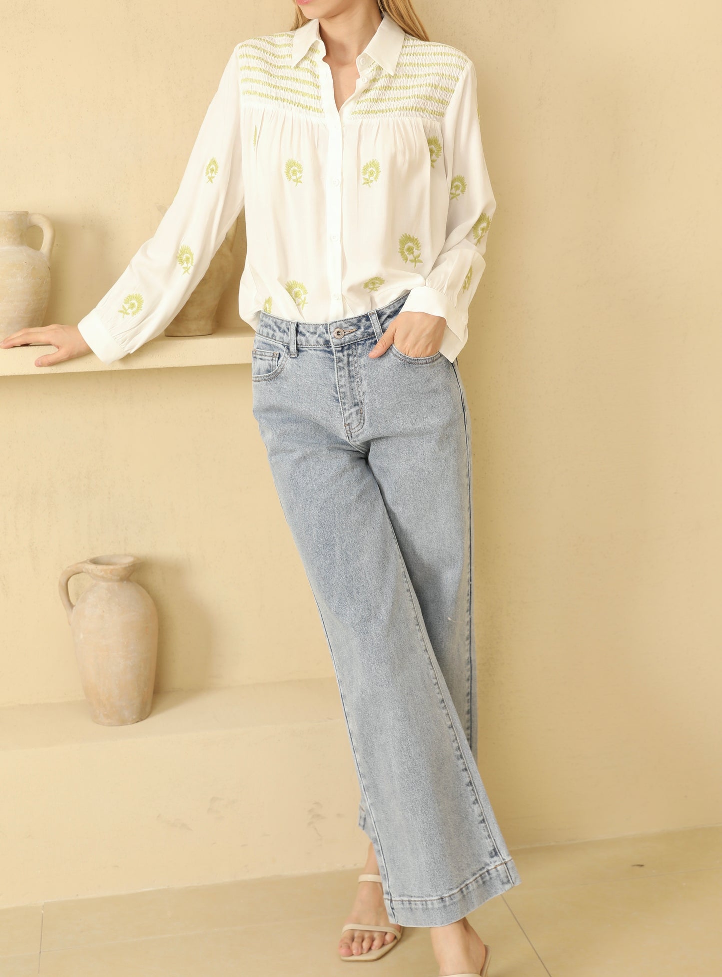 Leanne lime green embroidered white blouse