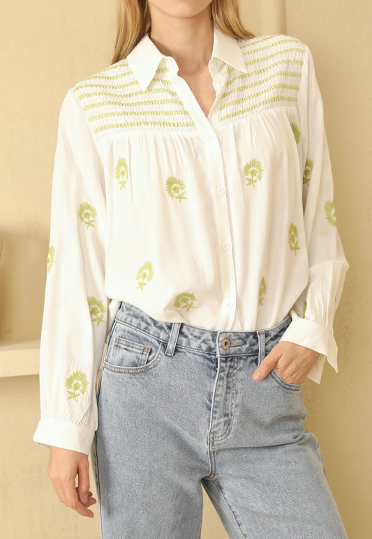 Leanne lime green embroidered white blouse