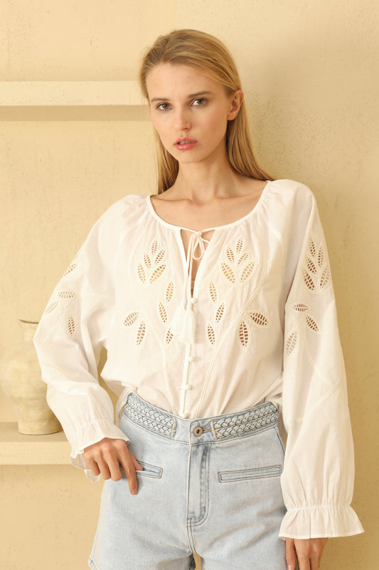 Isabella white leaf detail cotton blouse