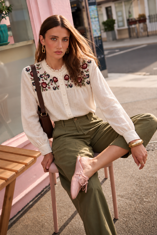 Alex floral trim beige cotton blouse