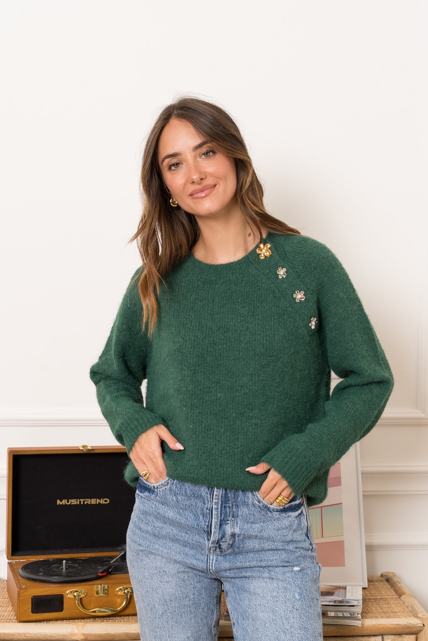 Maya green jumper with embellished flowers