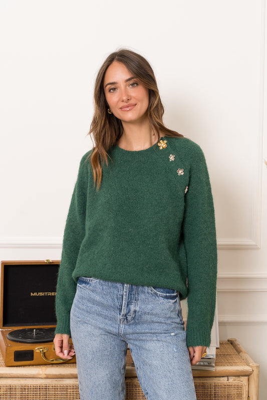 Maya green jumper with embellished flowers