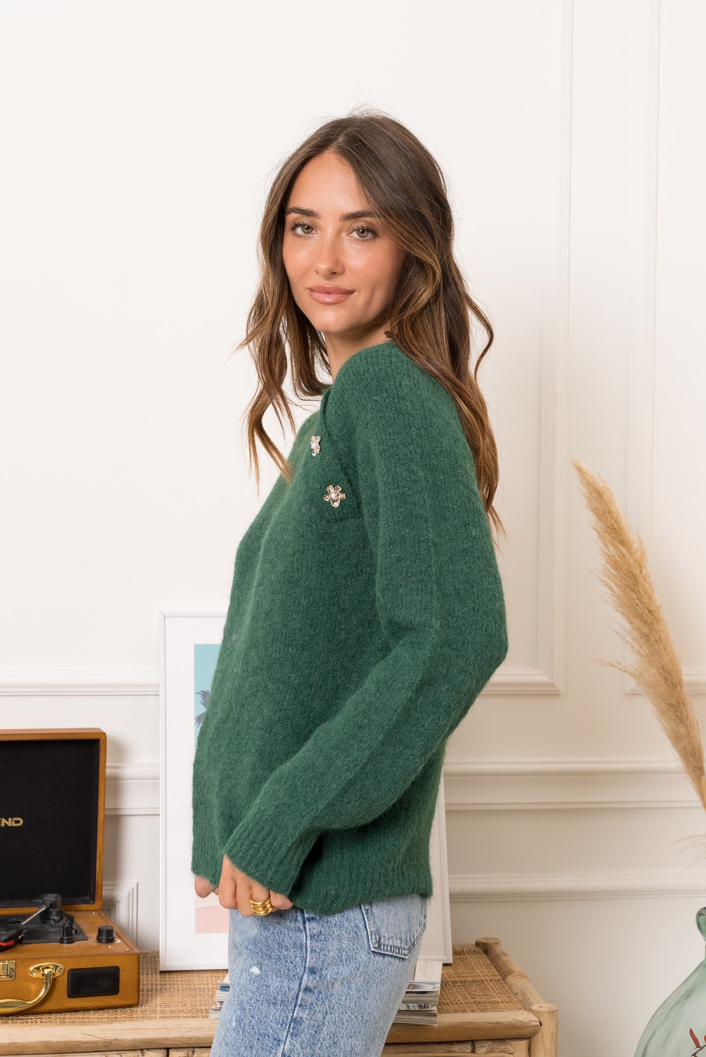 Maya green jumper with embellished flowers