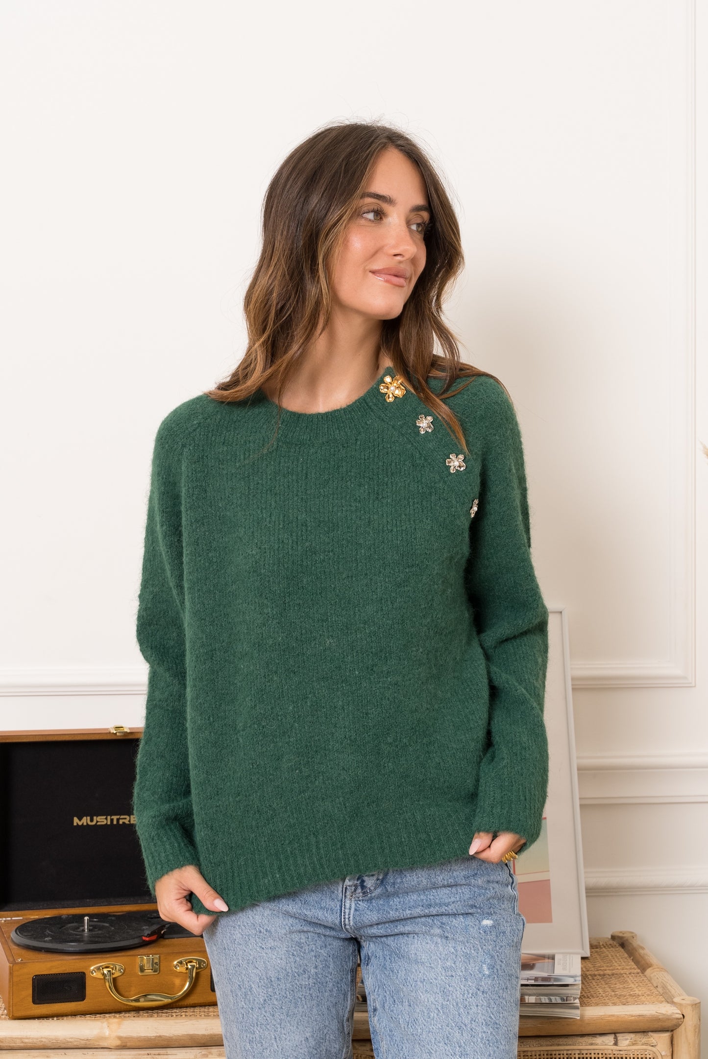 Maya green jumper with embellished flowers