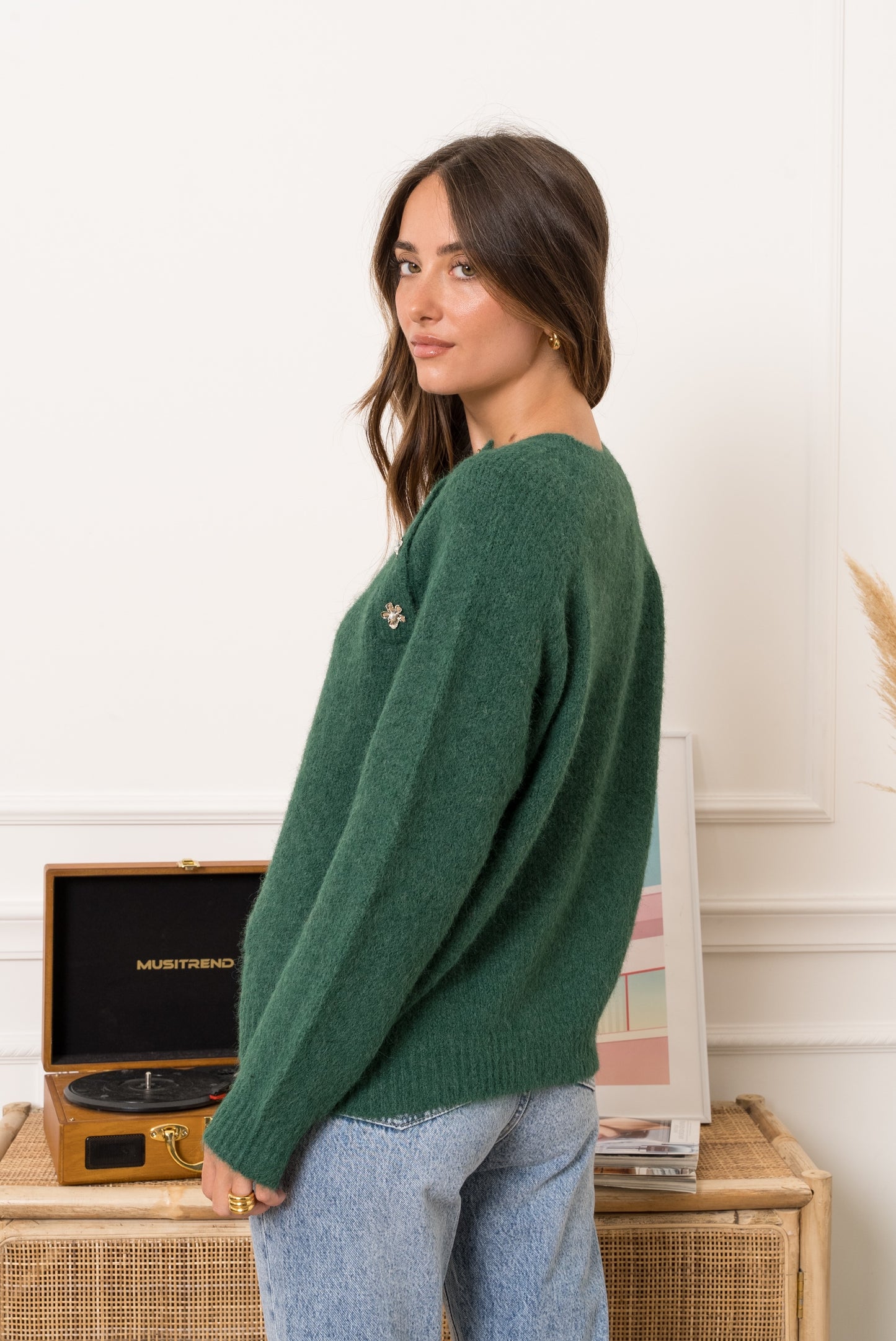 Maya green jumper with embellished flowers