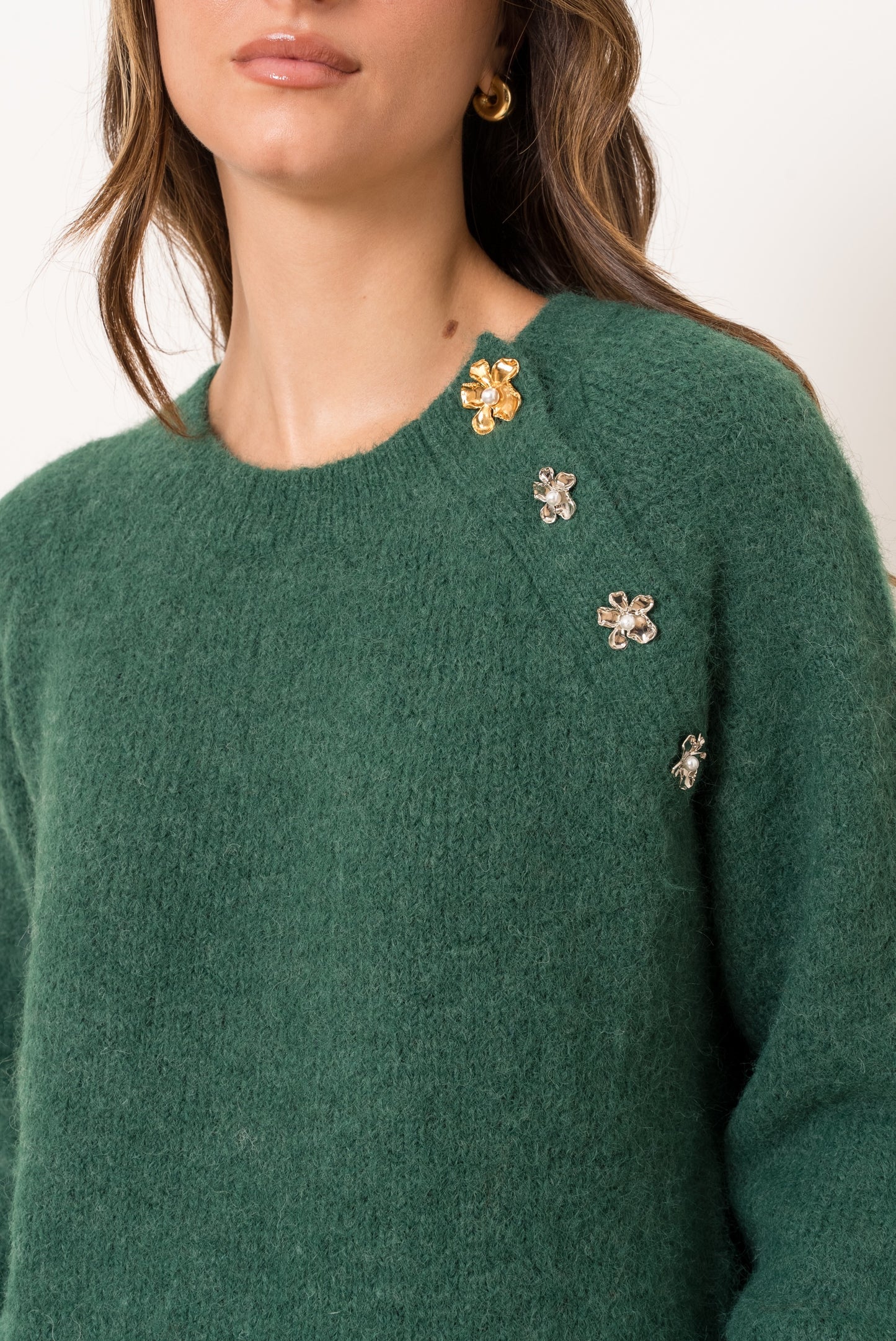 Maya green jumper with embellished flowers