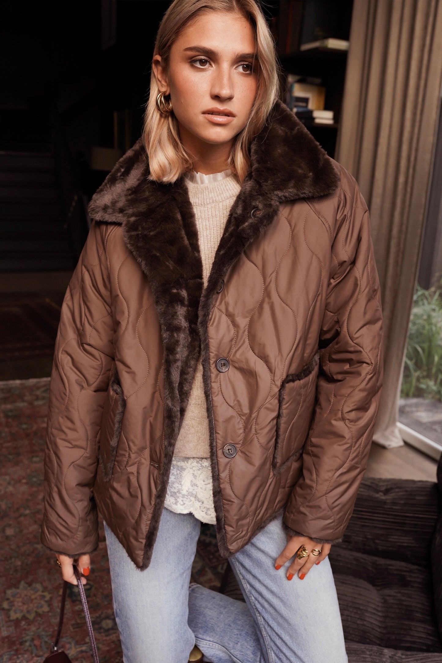 Edith chocolate brown padded faux fur coat (reversible)