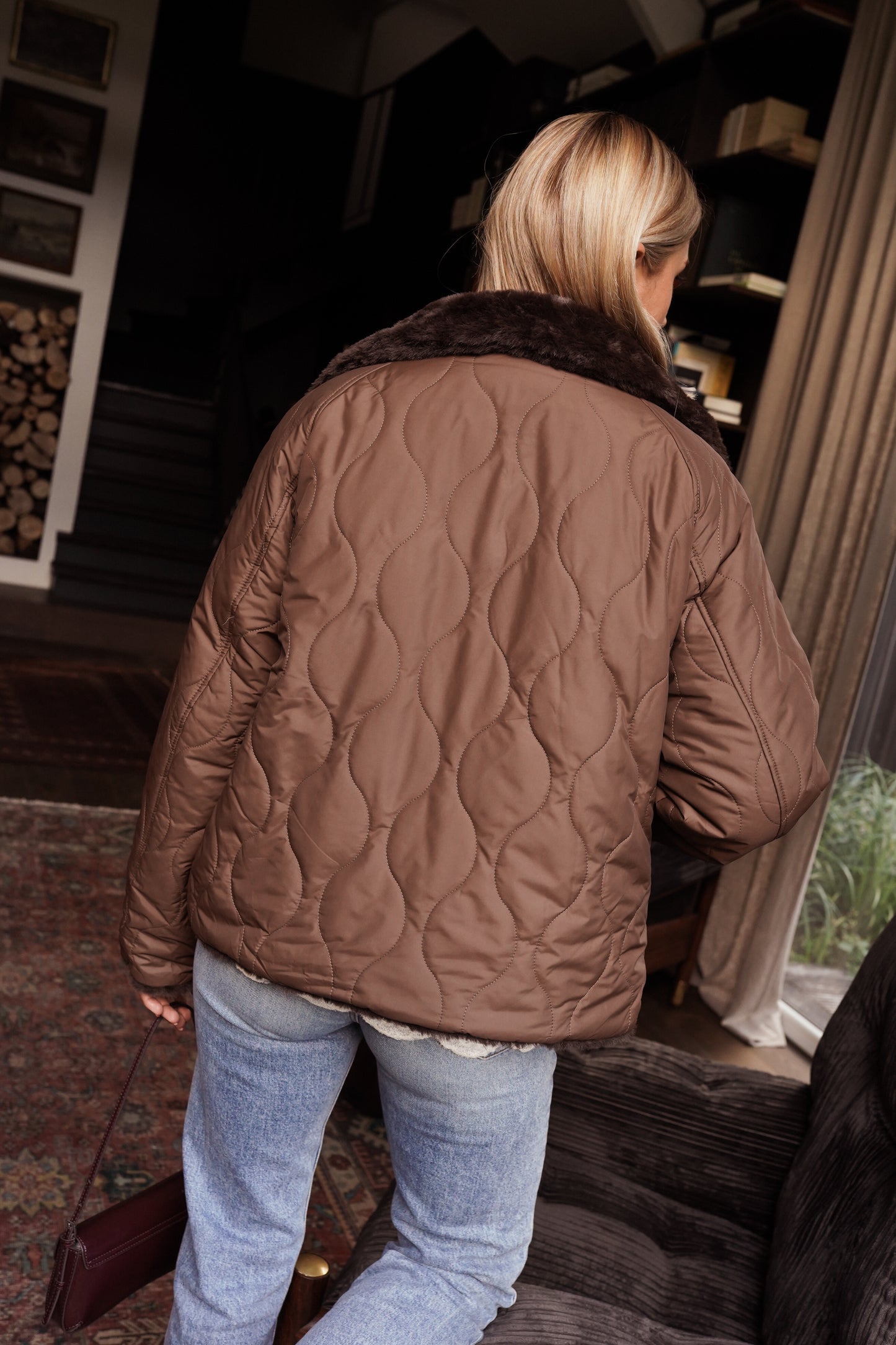Edith chocolate brown padded faux fur coat (reversible)