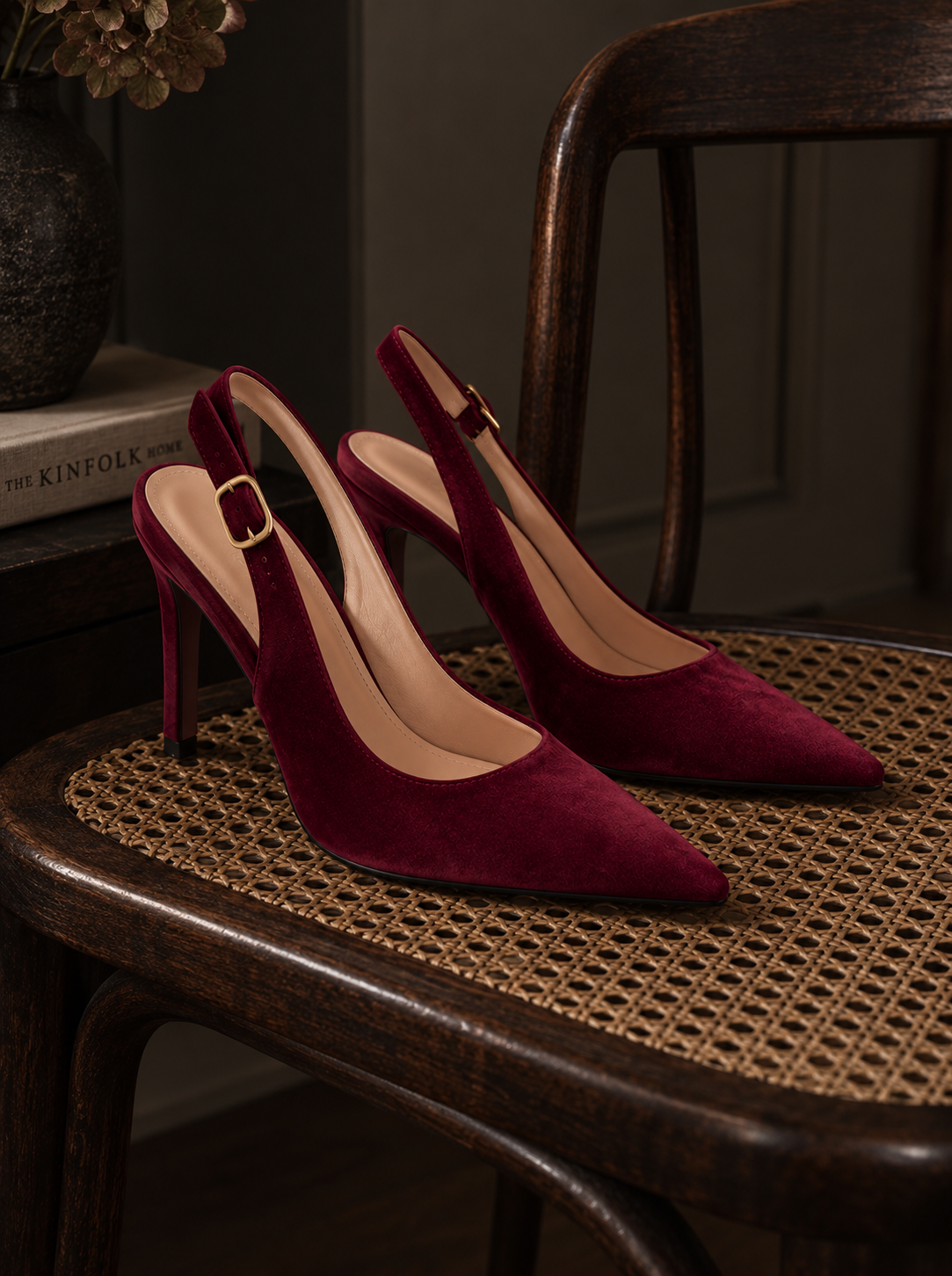 Burgundy velvet sling back heels