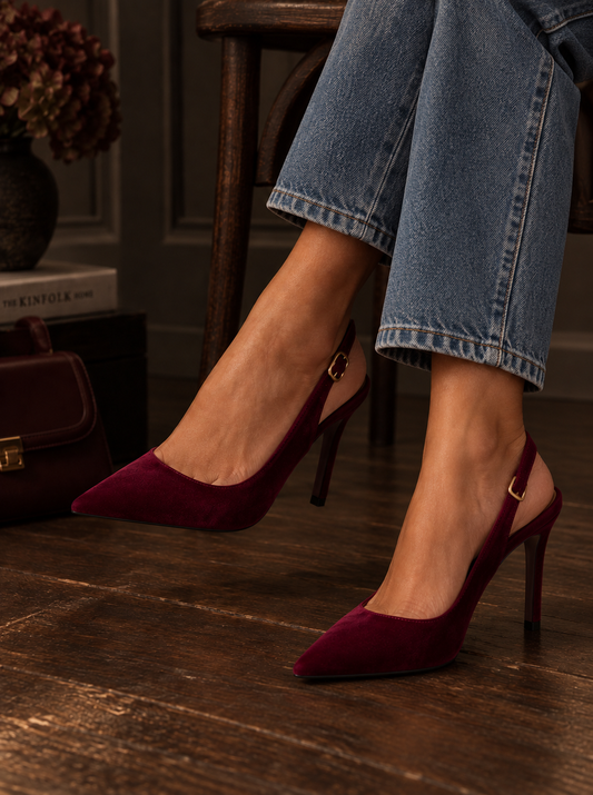 Burgundy velvet sling back heels
