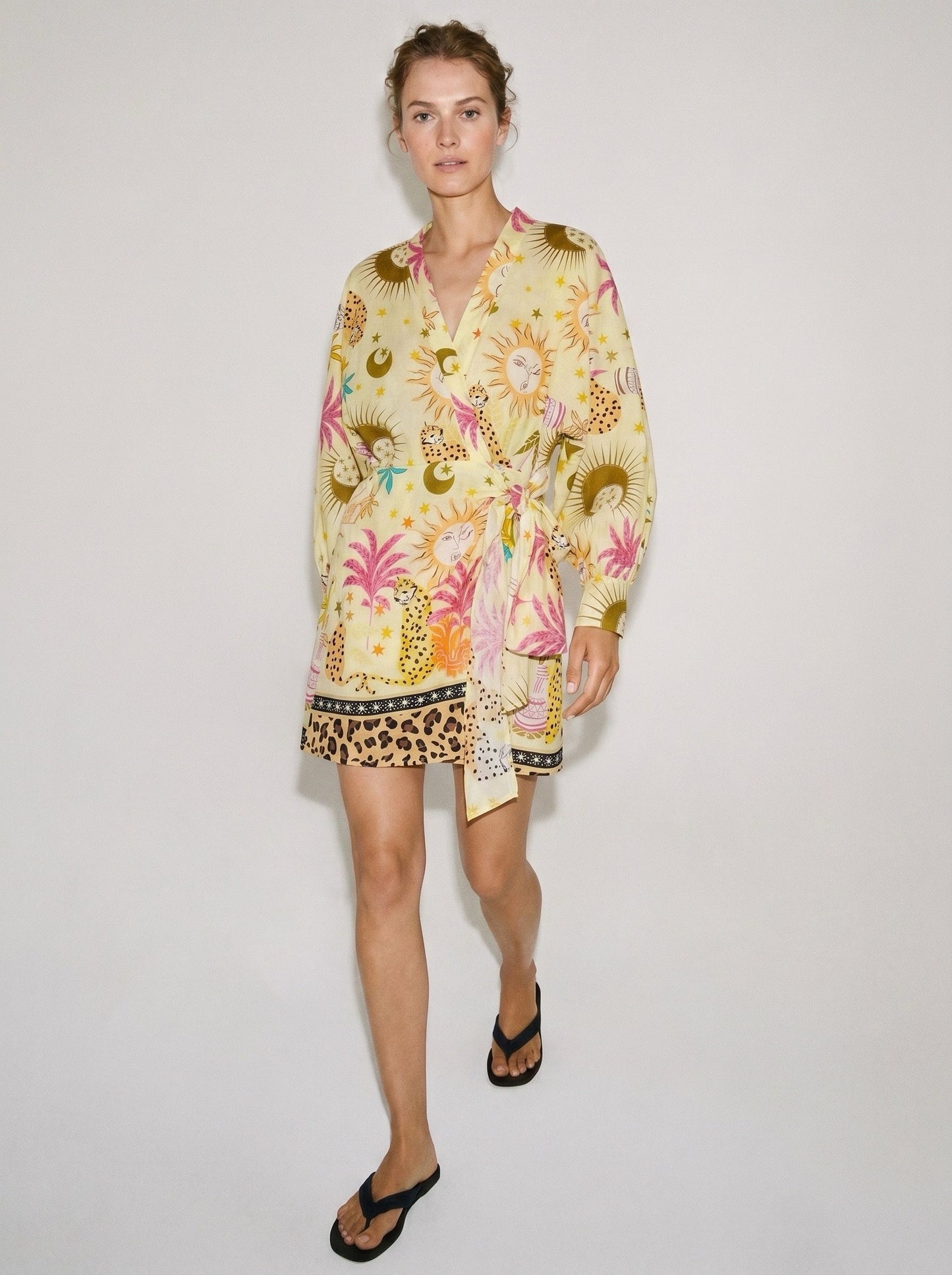 Lillie yellow leopard print tropical wrap dress