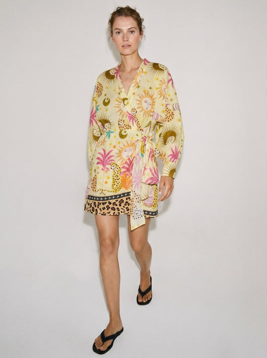 Lillie yellow leopard print tropical wrap dress