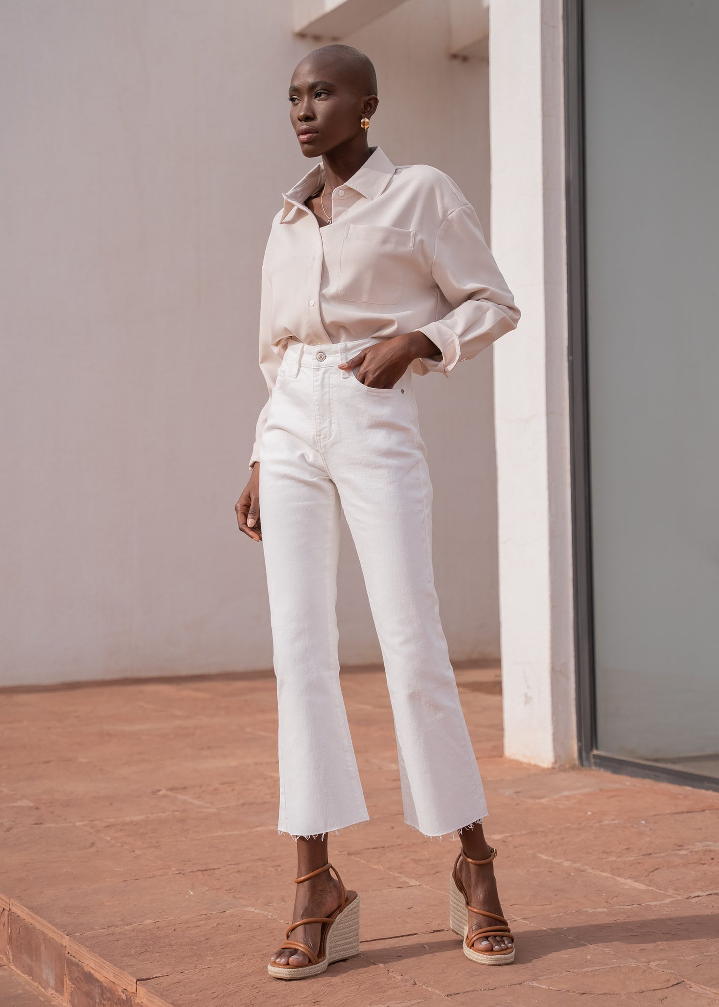 High-waist straight white jeans