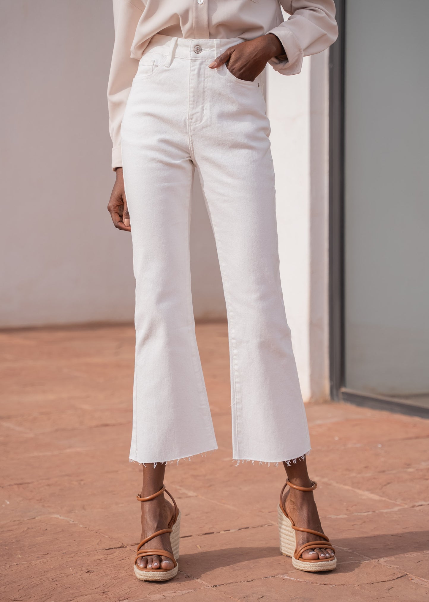 High-waist straight white jeans