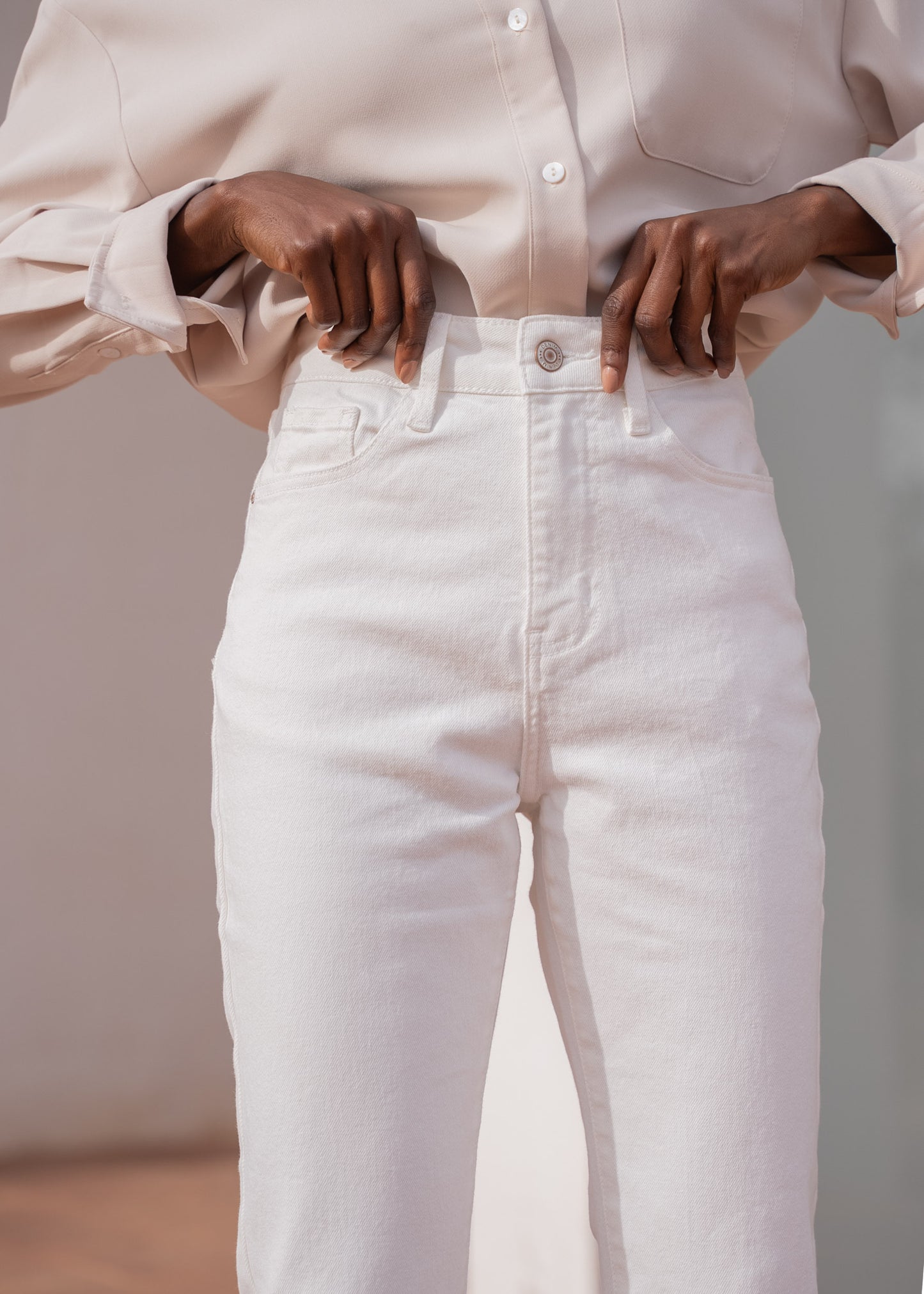 High-waist straight white jeans