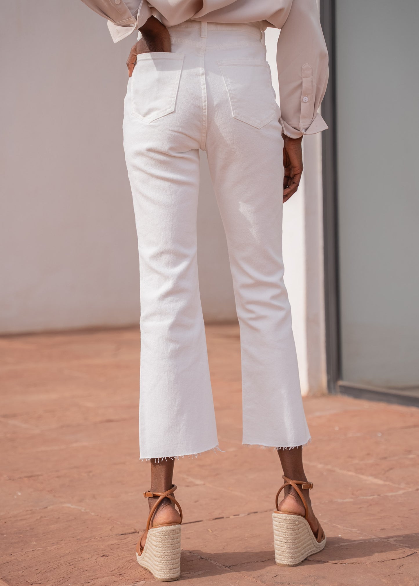 High-waist straight white jeans