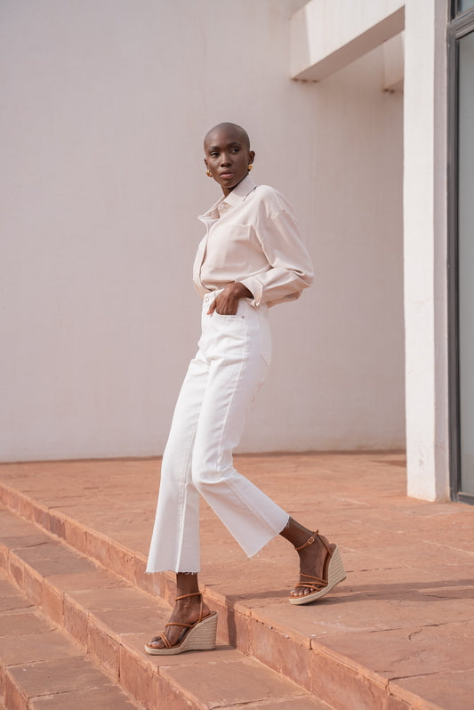 High-waist straight white jeans