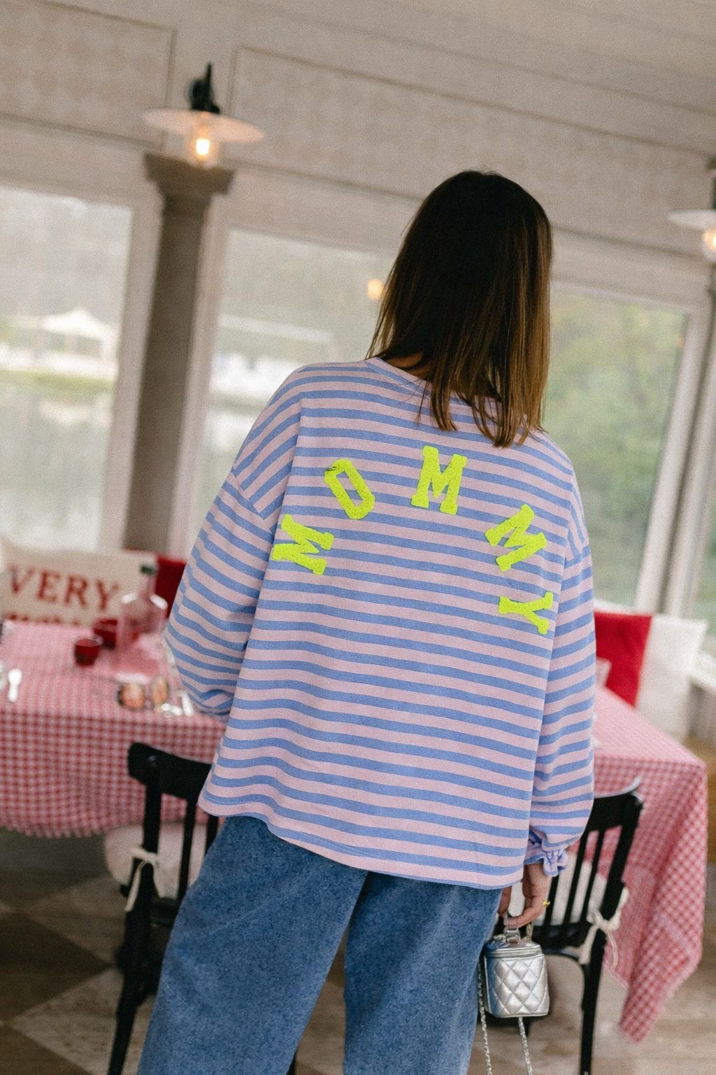 Preorder Mommy blue stripe neon yellow sweatshirt
