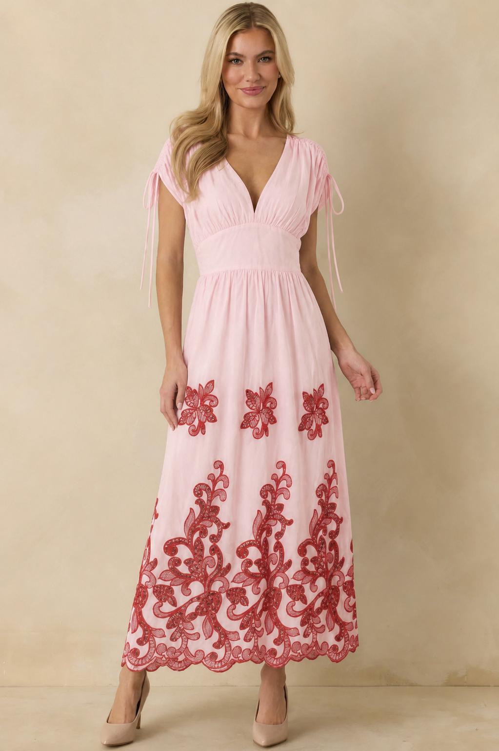 Beth red and pink embroidered dress