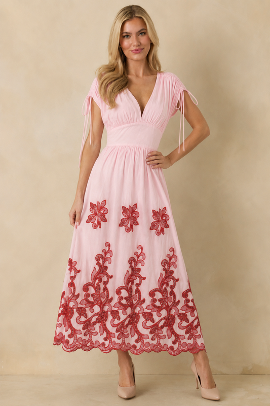 Beth red and pink embroidered dress