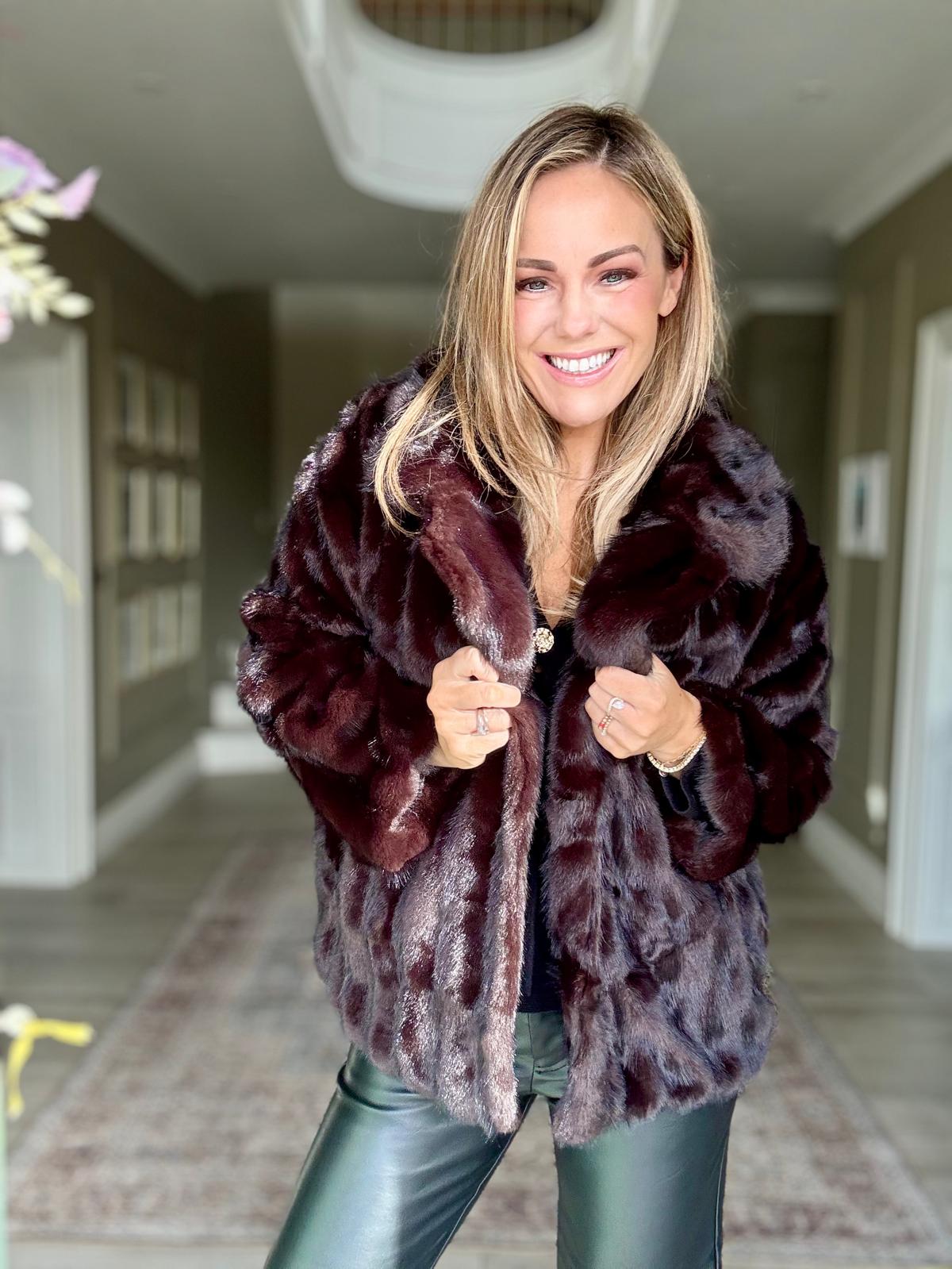 Eliza maroon brown faux fur coat