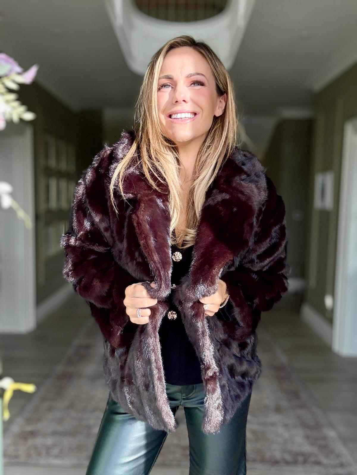 Eliza maroon brown faux fur coat