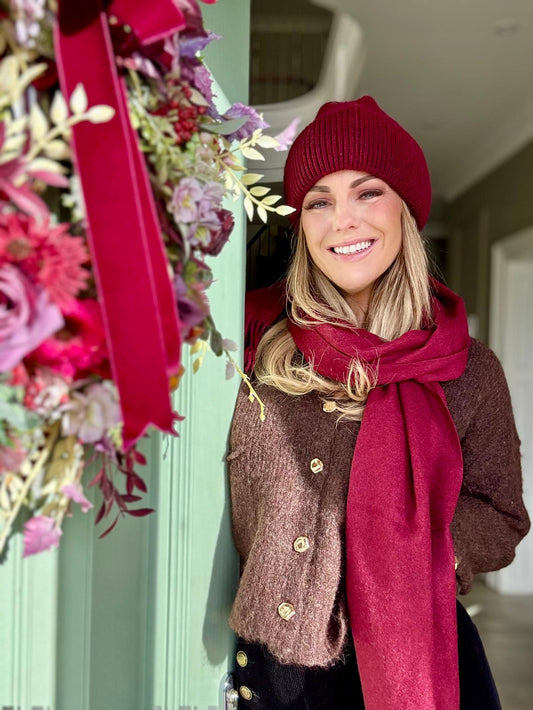 Burgundy fluffy beanie hat