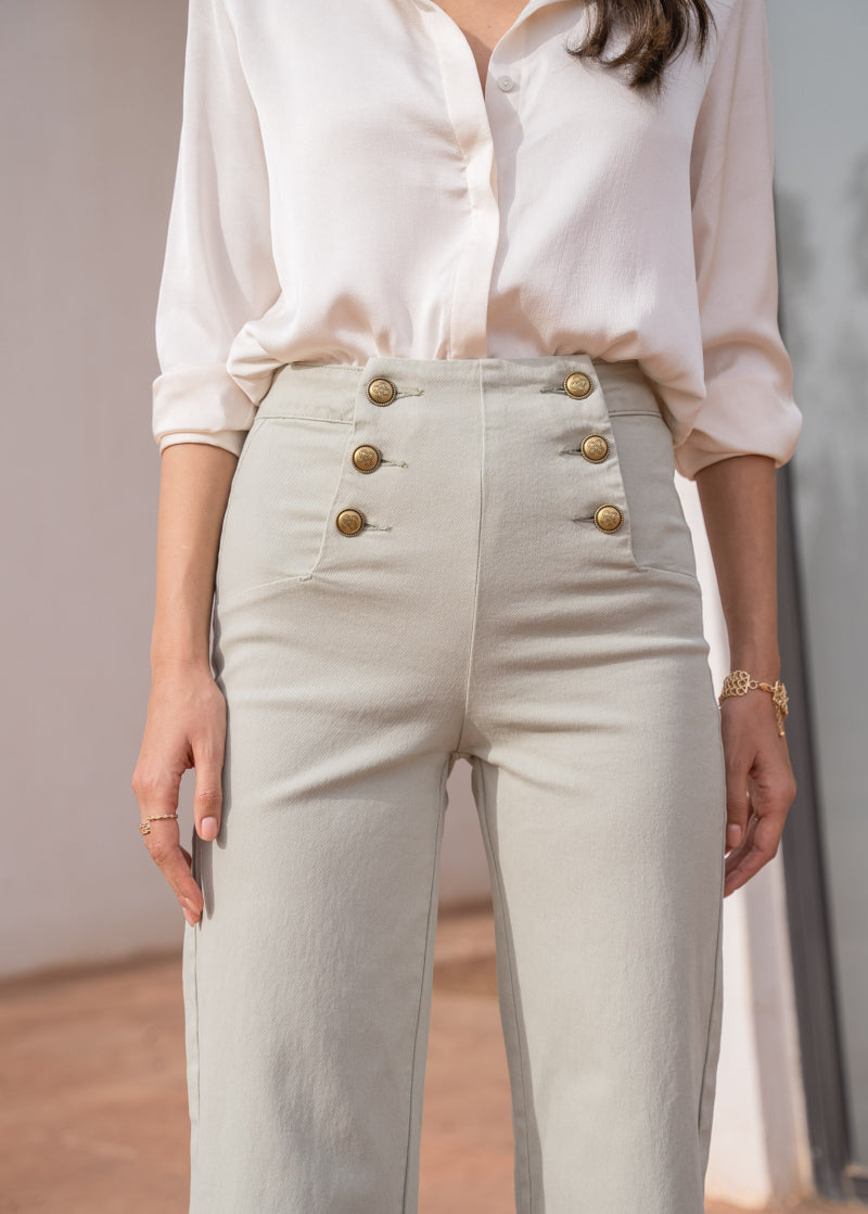 Mint green wide leg jeans with front gold buttons