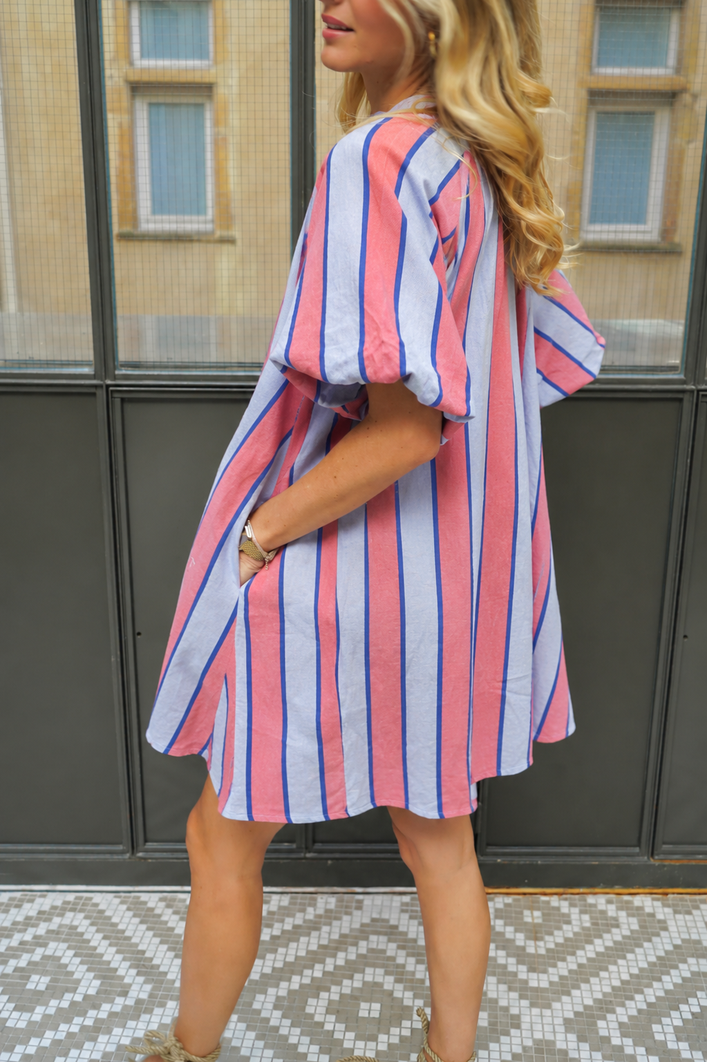 Eden blue & pink stripe balloon sleeve dress