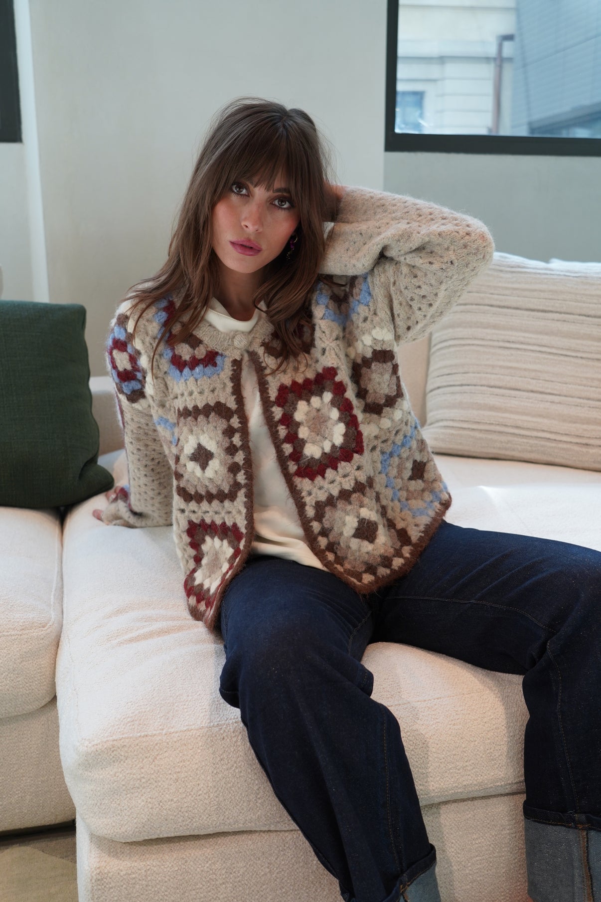 Penny crochet burgundy and blue cardigan